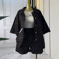 European and american cross-border women's fashion:  autumn new collection - luxury rhinestone embellished three-quarter sleeve blouse and wide-leg shorts set