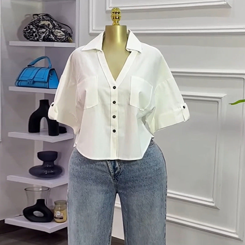 European and american cross-border women's fashion:  summer new arrival - designer turn-down collar, loose fit, versatile, and stylish cropped shirt top