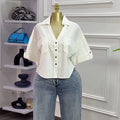 European and american cross-border women's fashion:  summer new arrival - designer turn-down collar, loose fit, versatile, and stylish cropped shirt top