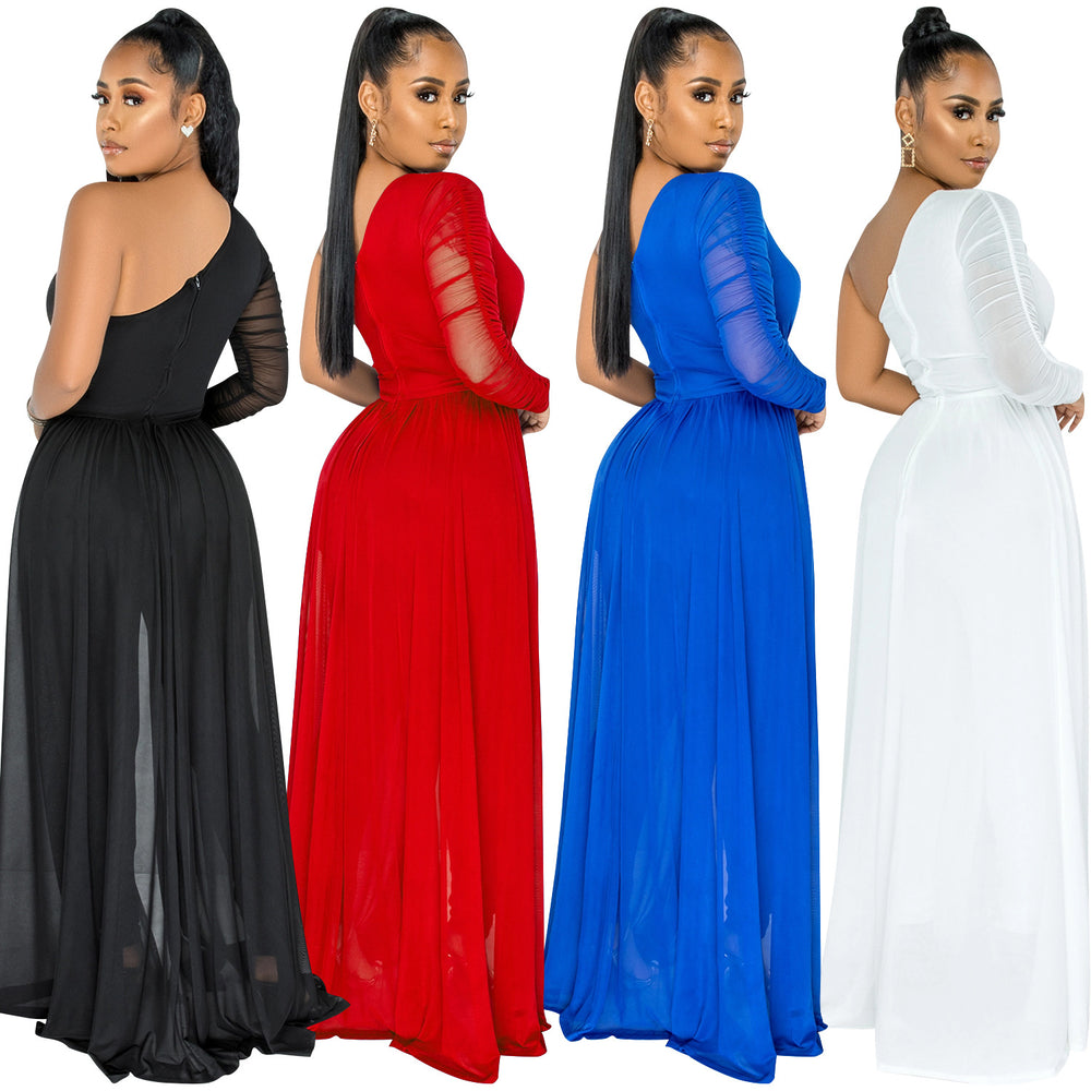 X5675 cross-border   pure colorsexy mesh see-through one-shoulder slanted collar long-sleeved pants jumpsuit for women