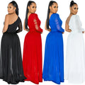 X5675 cross-border   pure colorsexy mesh see-through one-shoulder slanted collar long-sleeved pants jumpsuit for women