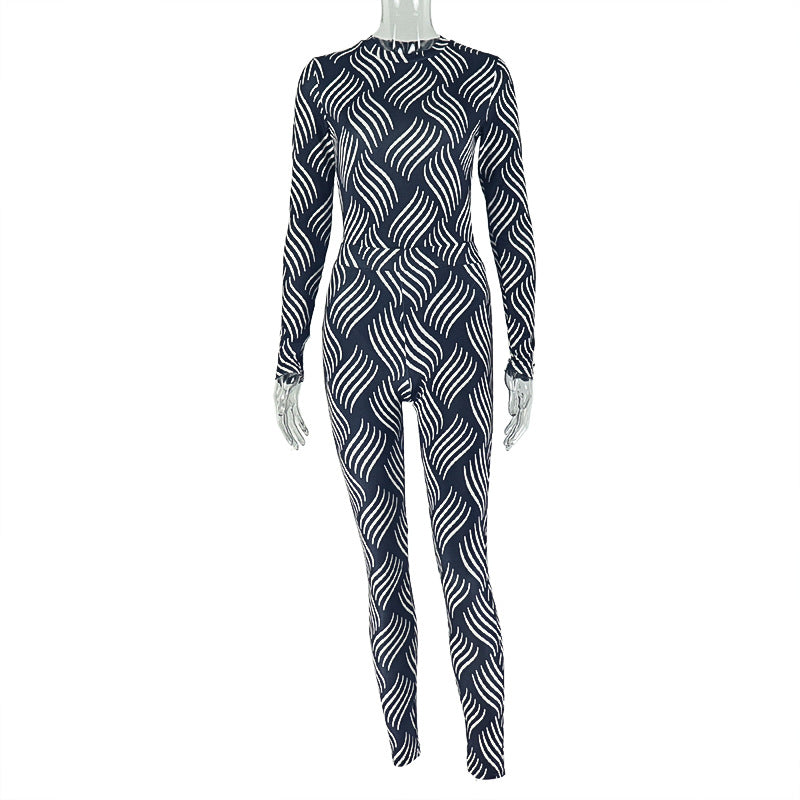 European and american style cross-border women's striped print fashion pant set - long sleeve high neck top and fitted leggings activewear two-piece set