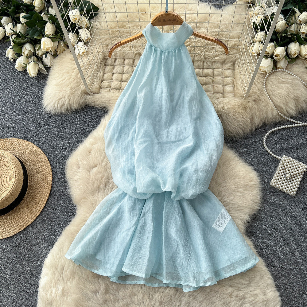 Qianjin style halter pleated backless suspender skirt for women summer pure lust style waist tie back holiday style vest tops
