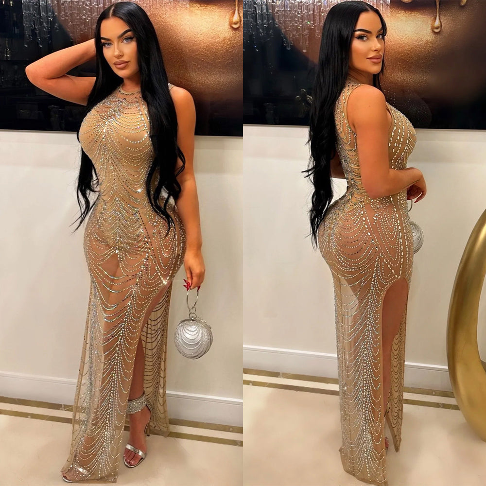C6733 cross-border   fashion women's solid color mesh rhinestone sleeveless maxi dress