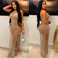 C6733 cross-border   fashion women's solid color mesh rhinestone sleeveless maxi dress