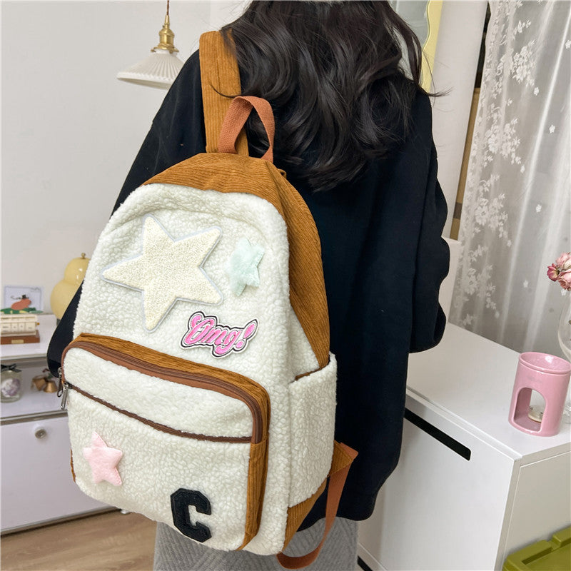 2025 new lambswool patchwork spring outing backpack - cute korean style student backpack, fresh and sweet plush women's bag