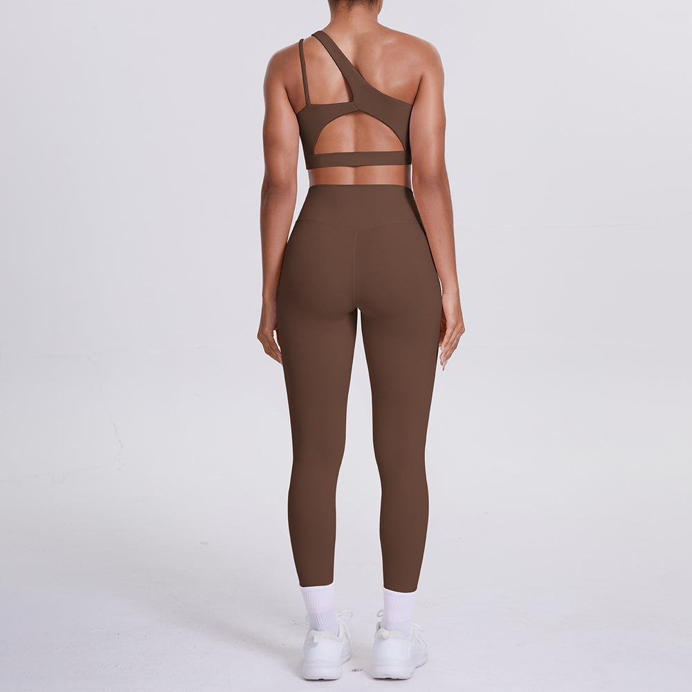 fashion double-sided nylon brushed single-shoulder yoga suit sports running fitness pants two-piece set for women