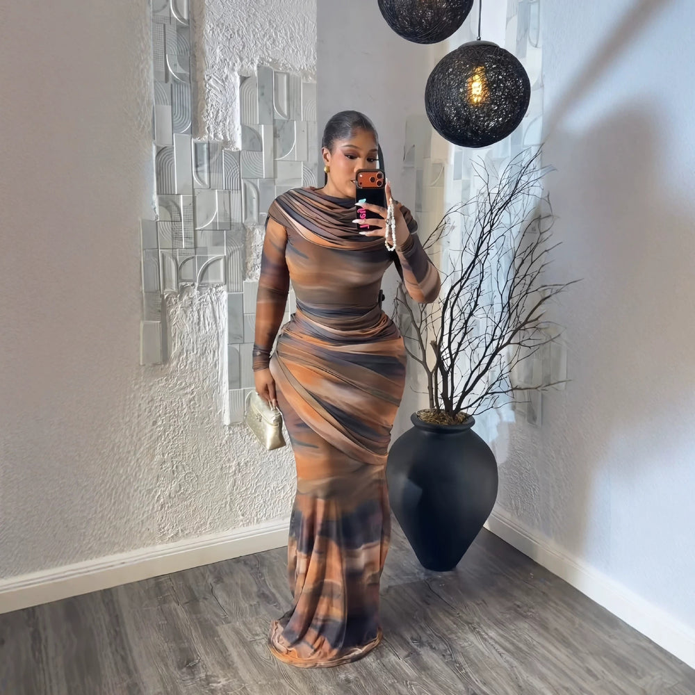 European and american cross-border chic women's clothing:  summer new arrival - long sleeve, drop shoulder, slim fit, cinched waist, pleated maxi dress