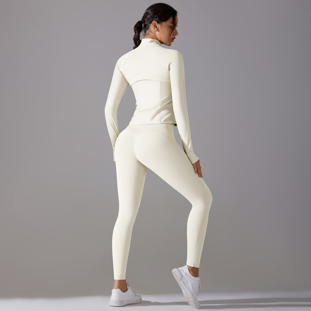 Amazon's new stand-up collar zipper long sleeves yoga clothes high waist hip lifting tight pants naked running fitness suit