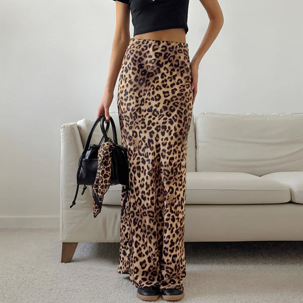 2025 spring and summer new  Spice Girl leopard print skirt fashion drape high waist A word long dress European and American women's clothing