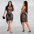 C6353 cross-border   fashion women's solid color mesh rhinestone temperament mini dress