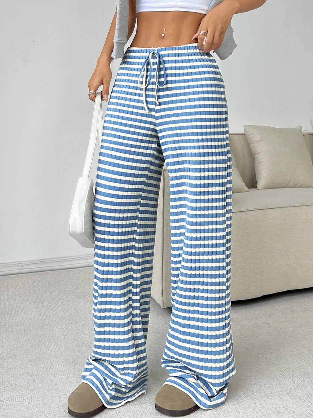 fall/winter  us & european cross-border women's new casual striped solid color elastic drawstring cotton straight-leg pants
