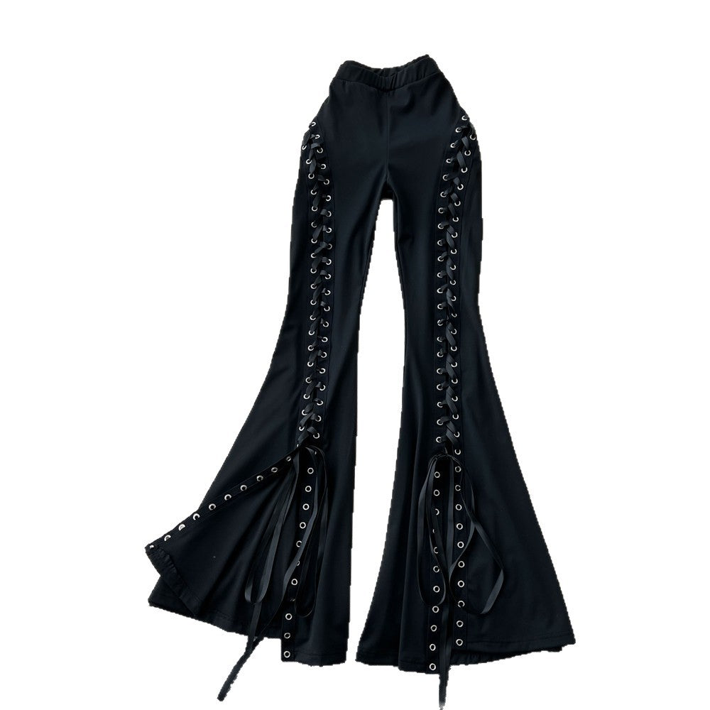 K-style high waisttie backelegant style big bell pants women's spring summer black slimming lookmopcasual pants sense of design