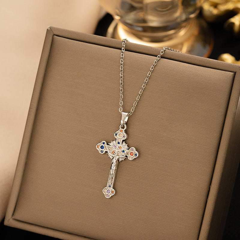 【titanium steel】necklace for women, cross-border fashion, full diamond colorful zircon cross pendant, high-end clavicle chain jewelry