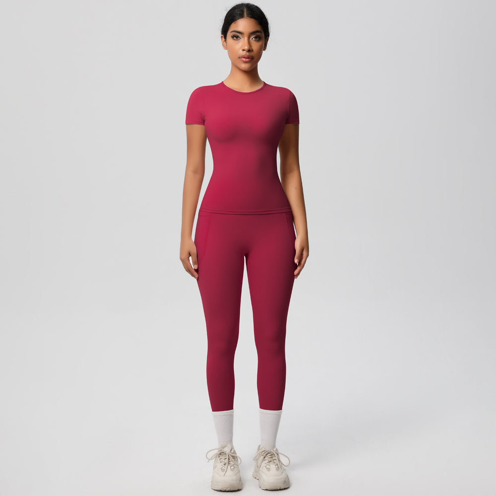 European and american solid color nude feel brushed short-sleeve yoga top and high-waisted butt-lifting fitness leggings quick-dry running workout set