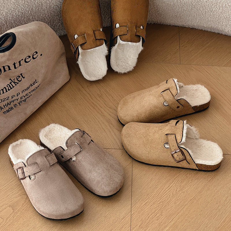 Maomao lazy birkenstock thick sole2025 autumn winternew arrival slip-on slippers fleece-lined birkenstock toe-cap half slippers for women