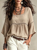 European and american bohemian style plus size women's square neck hollow-out lace trim loose babydoll top with three-quarter sleeves