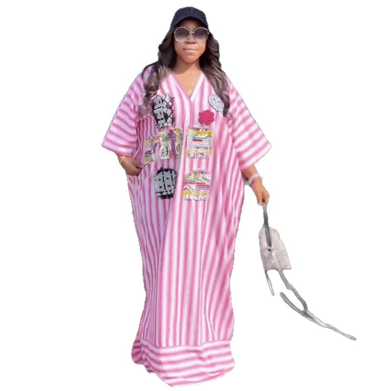European and american cross-border women's fashion:  spring new arrival - stylish casual pink v-neck striped loose long dress