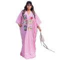 European and american cross-border women's fashion:  spring new arrival - stylish casual pink v-neck striped loose long dress