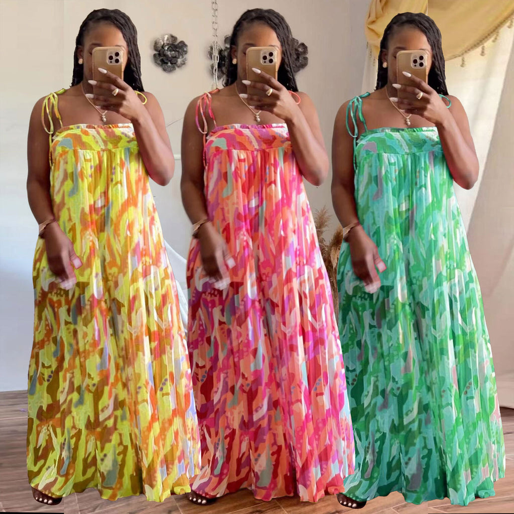 S10478 European and American sexy, printed suspender pleated wide leg suspender jumpsuit