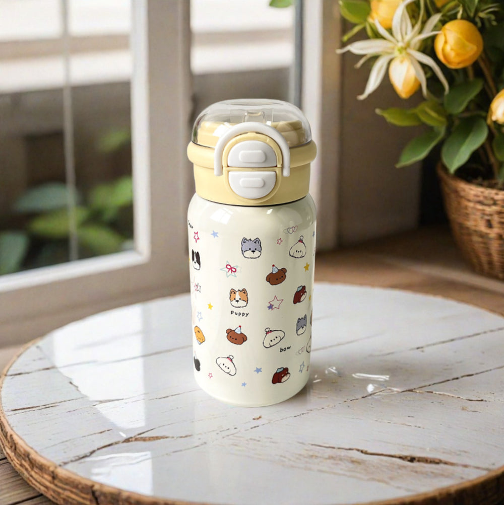 Dog-themed minimalist kids' thermos - 316 stainless steel, stylish design for girls, dual-drink straw, insulated, portable for students