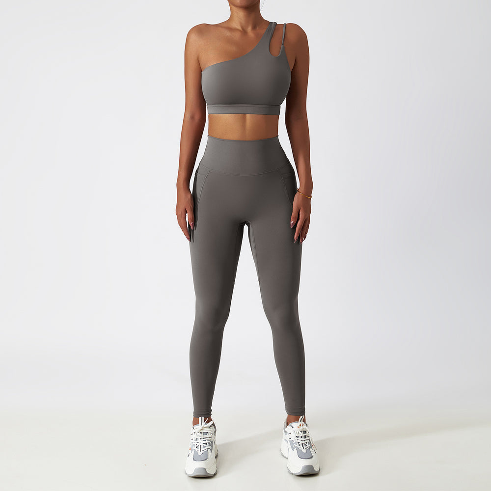 breathable quick-drying tight-fitting yoga clothes flap pocket pants running sports suit diagonal shoulder naked fitness suit6425