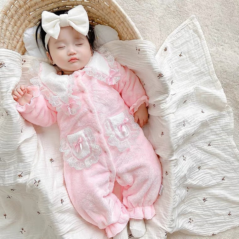 Autumn winter baby girl k-style super soft outing long sleeves khaki baby home casualfleece-lined romper cute