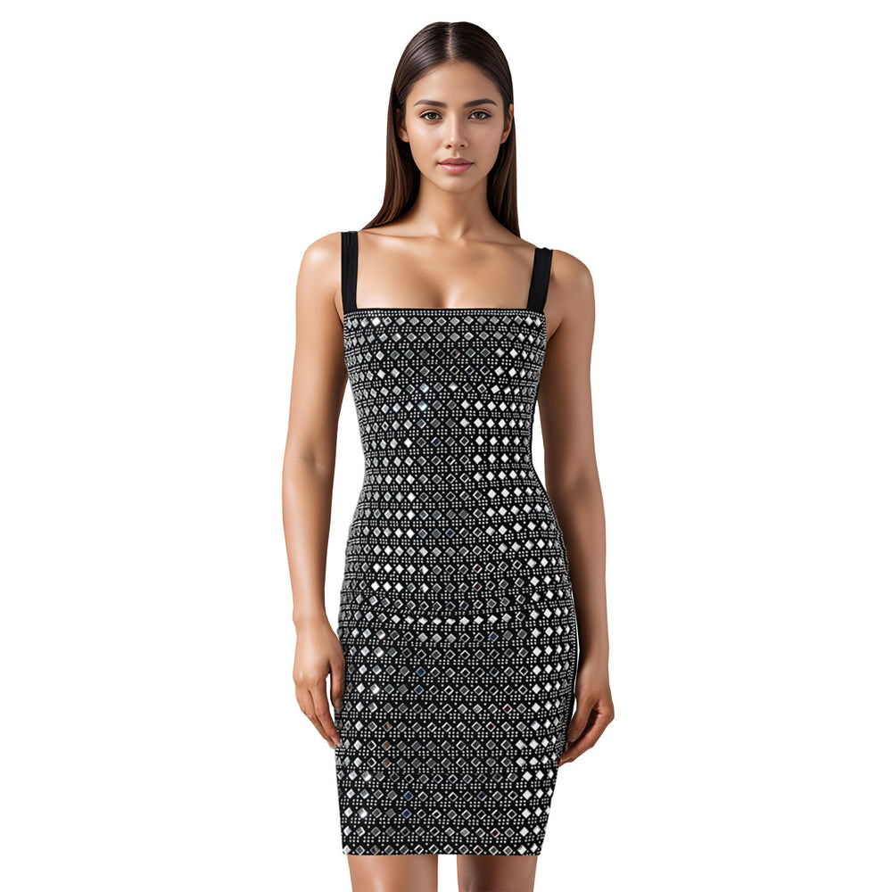 C7198 cross-border   fashion women's sexy dress slim fit rhinestone embellished cami dress