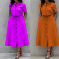 cross-border e-commerce european and american women's clothing: new summer collection - solid color commute style short-sleeve single-breasted long dress set
