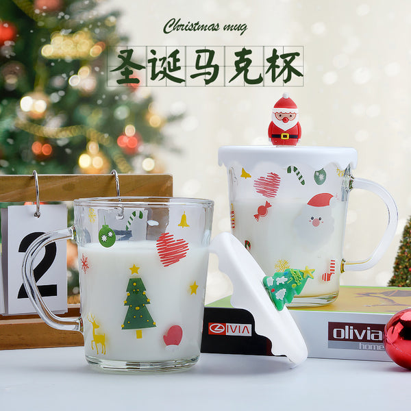 Cute Christmas glass water cup creative cartoon mug company opening event gift cup with lid cup