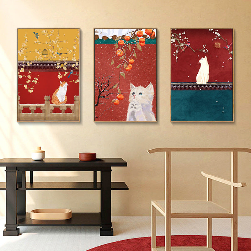 Palace Museum painting Chinese hotel restaurant private room box antique red decorative painting hotel living room cat mural