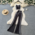 Spicy girl style red camisole two-piece set: double-stripe high-waisted flare pants - trendy summer outfit for women