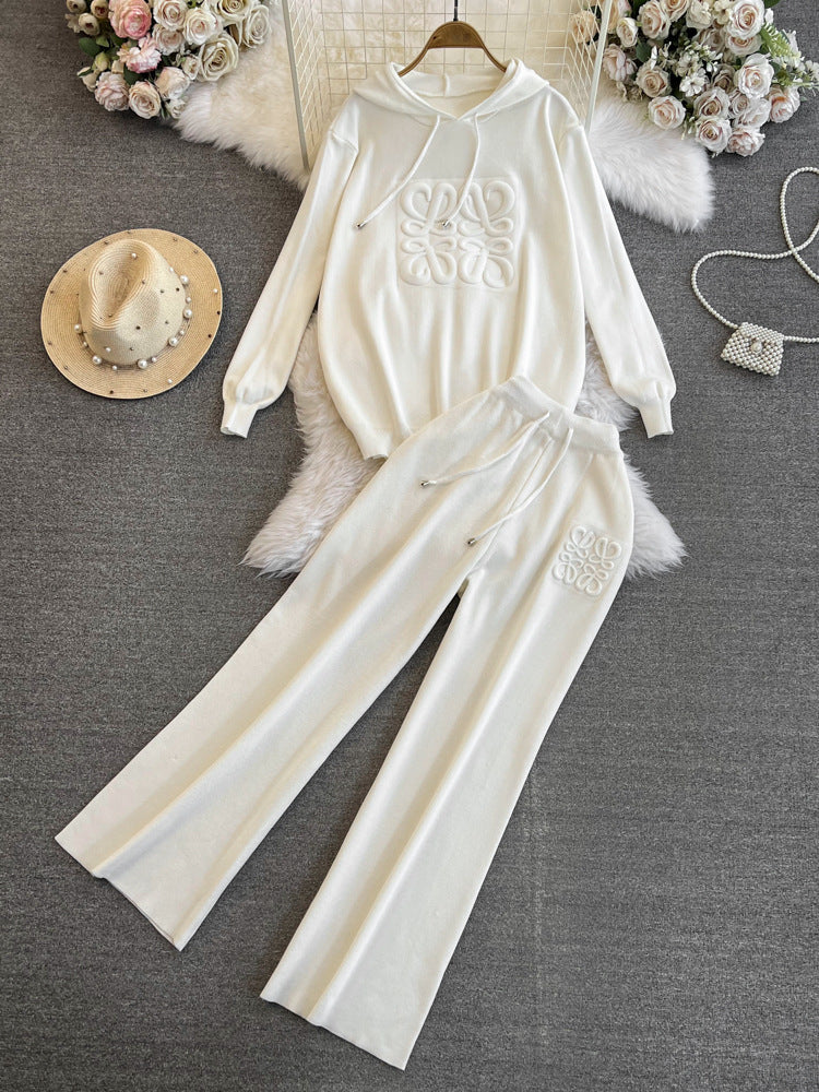Lazy style casualsuit women's stereo texture printingpullover hooded knittingsweatshirthigh waistloose pantspants
