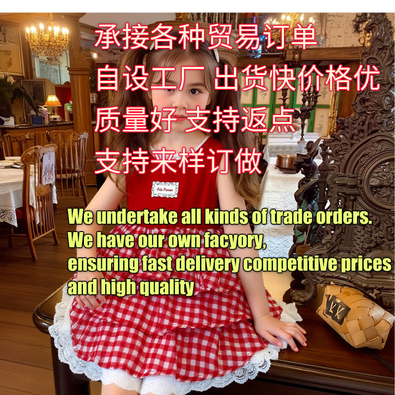 girls' summer sweet princess red plaid patchwork cake vest dress sleeveless princess mesh tutu dress