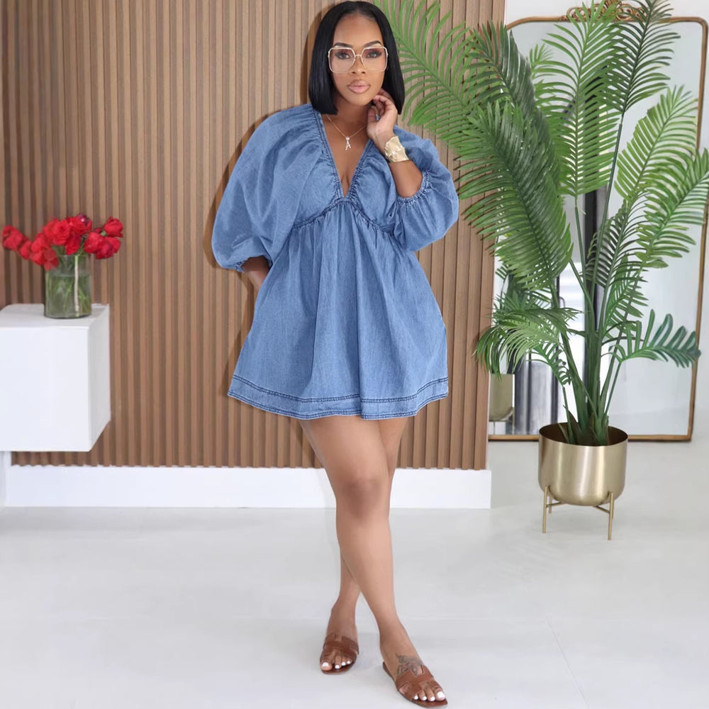 European and american style sexy dress - new  foreign trade women's fashion deep v-neck puff sleeve denim mini dress