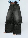 Fashionjeans women's washed fake two-piece raw edge loose pants high waist mop street looseplus sizestraight-legpants