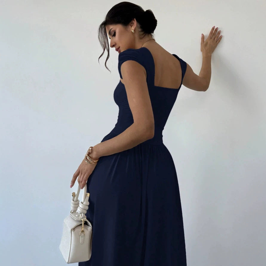 european and american summer new arrival: square neck, waist-defining, elegant maxi dress