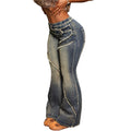 Fashionjeans women's cross-border low-waist raw edge patchwork micro-flared pants distressed washed hair must slim long denim