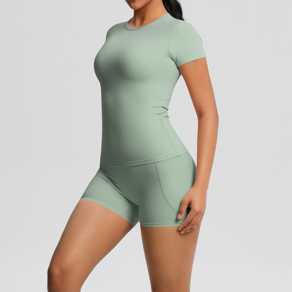 New arrival cross-border fashionpure color double-sided nylon brushed short-sleeved yoga suit sports running fitness two-piece set