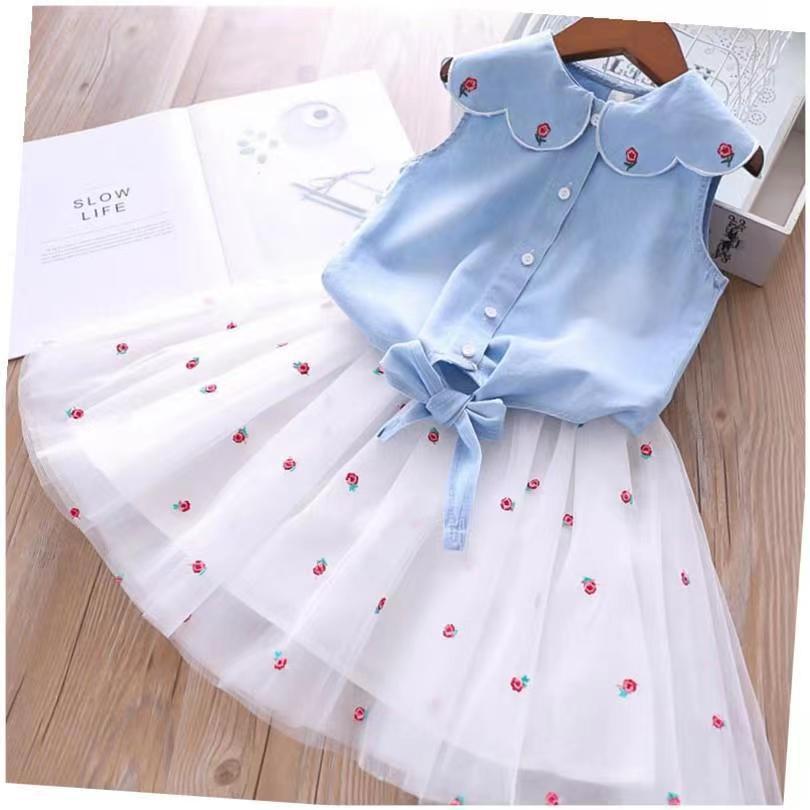 Summer new girls' denim embroidered turn-down collar top + princess mesh skirt two-piece set - direct from the manufacturer