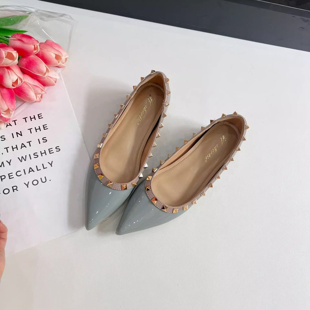 Women's single shoes: new spring/autumn 2025 pointed-toe studded hidden heel french patent leather fashionable versatile low-cut high heels