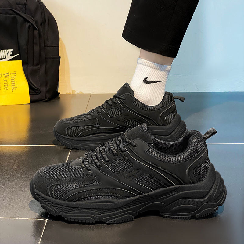 Pure black men's shoes spring 2025 new arrival work safety shoes non-slipabrasion resistantmen running sports dad shoes thick sole