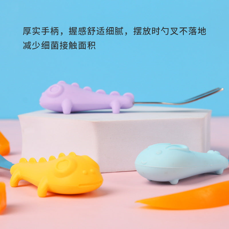 Children's tableware portable set 304 stainless steel eating spoon children's fork baby food supplement spoon silicone fork