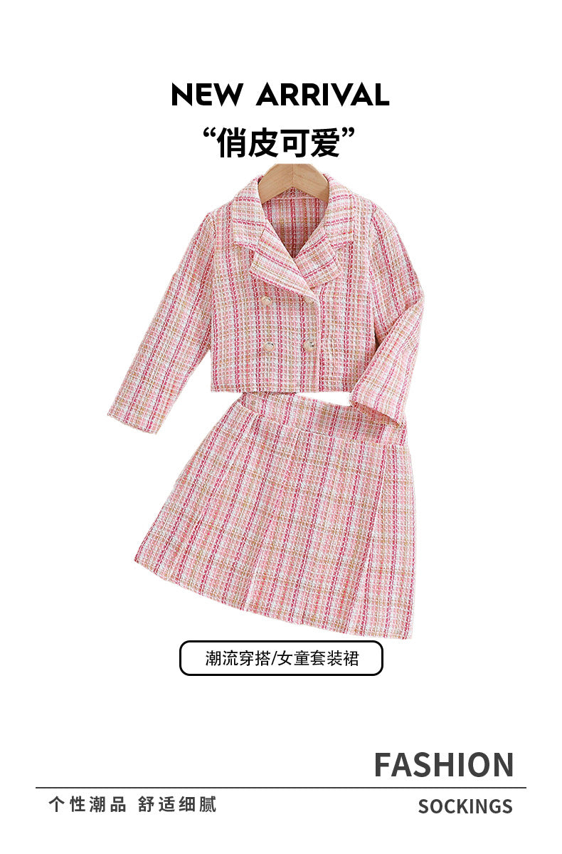 Girls' plaid tweed two-piece outfit: sweet & chic pink gingham style for cross-border e-commerce