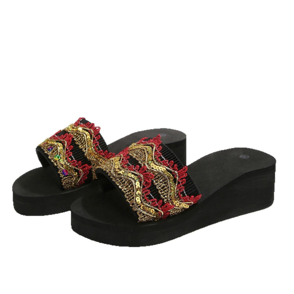 plus size women's slippers for export, 2025 summer outdoor wear, non-slip thick sole wedge heel, ethnic style beach sandals