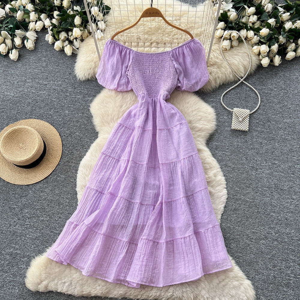 French chic off-the-shoulder bubble sleeve a-line dress - women's summer slimming, figure-flattering, elegant vacation maxi dress