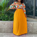 D3262 women's summer new arrival: fashionable v-neck printed top and pleated maxi skirt african two-piece set - cross-border outfit
