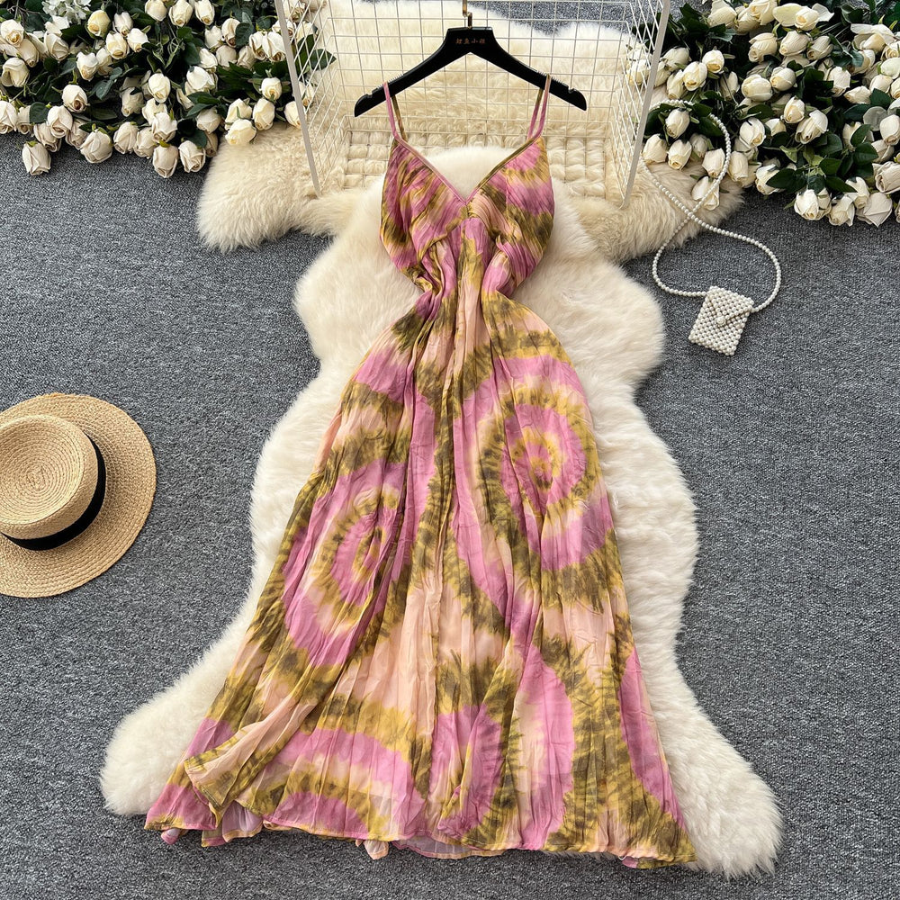 Frenchniche style holiday style dress women's summer fashionprinting suspender v neckhigh waistslimming lookelegant long skirt