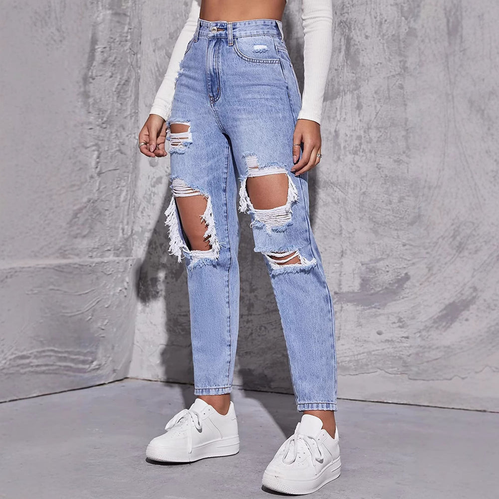 Amazon  distressed jeans for women - new european and american trendy washed ripped high-waisted straight-leg pants