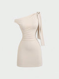 European and american style hot girl cross-border new solid color one-shoulder sleeveless patchwork tie-up bodycon mini dress for women